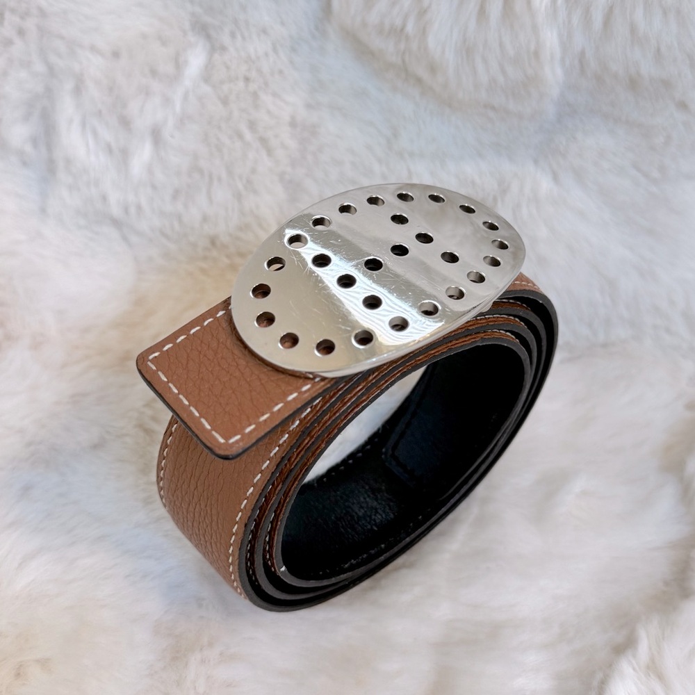 Hermès Gold Epsom Leather & Black Box Calf Leather 32mm Belt